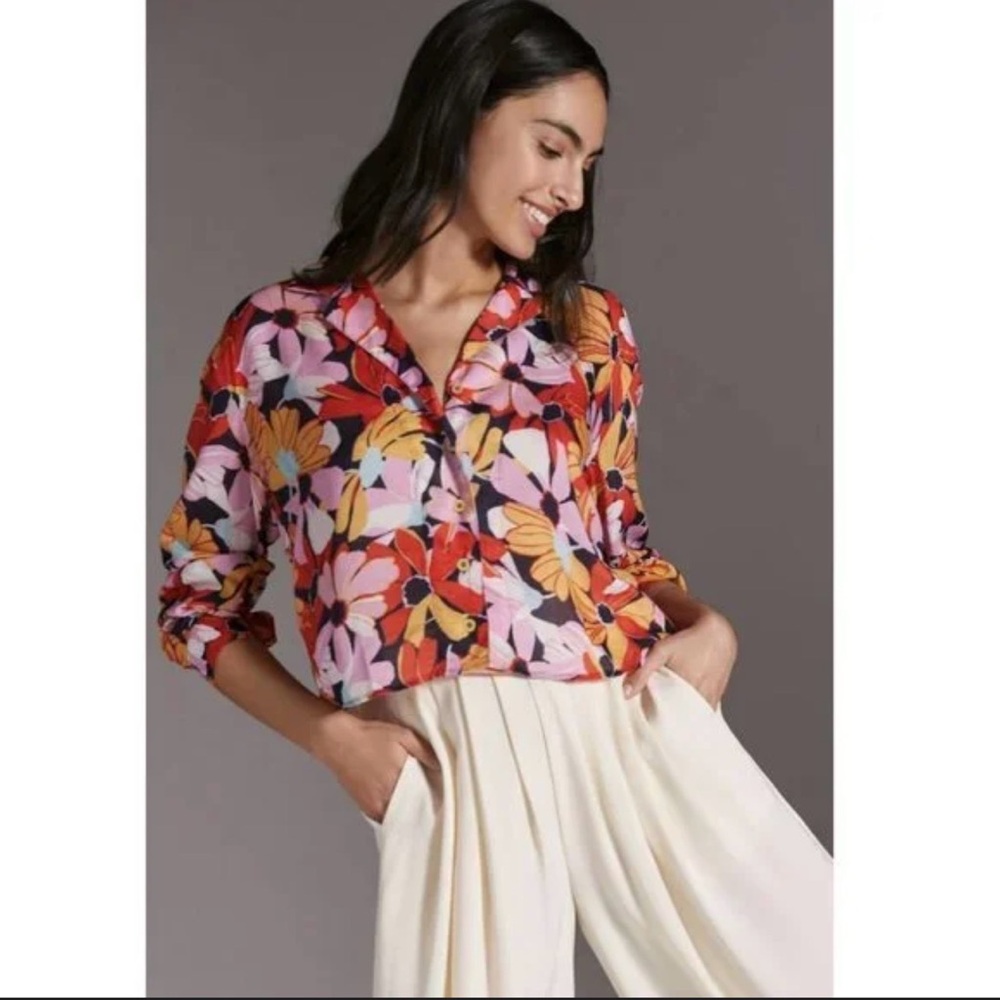 Anthropologie Floral Button Down Shirt - Red, Pink, Yellow